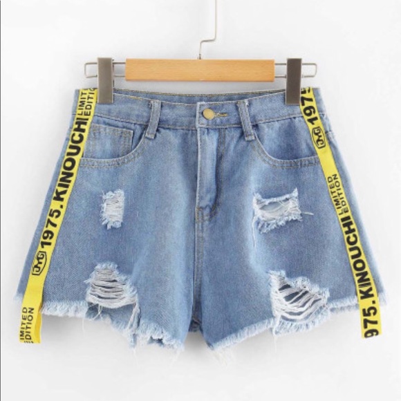 Distressed Denim Shorts with Yellow - Picture 1 of 5